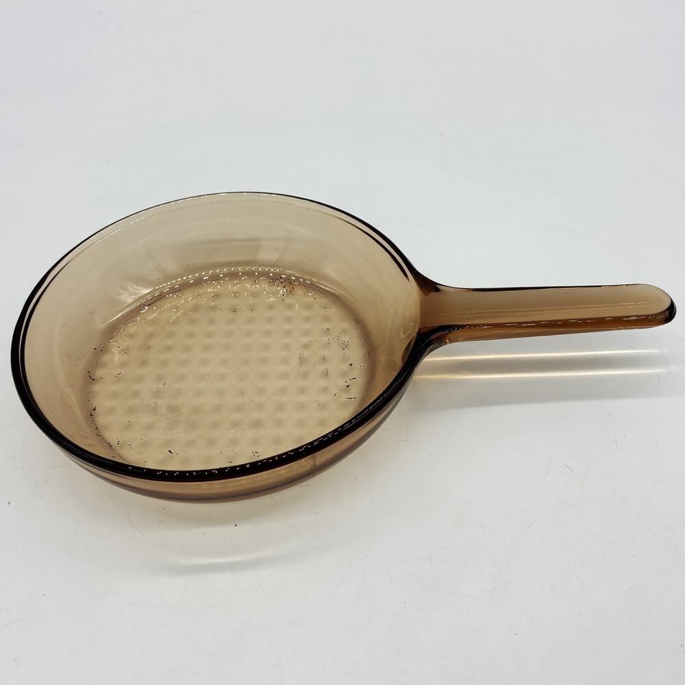 Vtg Pyrex Vision 7in Amber Glass Frying Pan Waffle Bottom Skillet Cookware USA